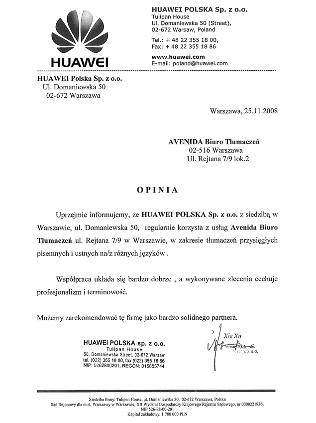 Referencje - Firma Huawei Polska